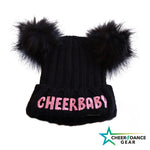 Cheer Baby Embroidered double Chunky Fur Pom Pom Beanie - Black & Pink